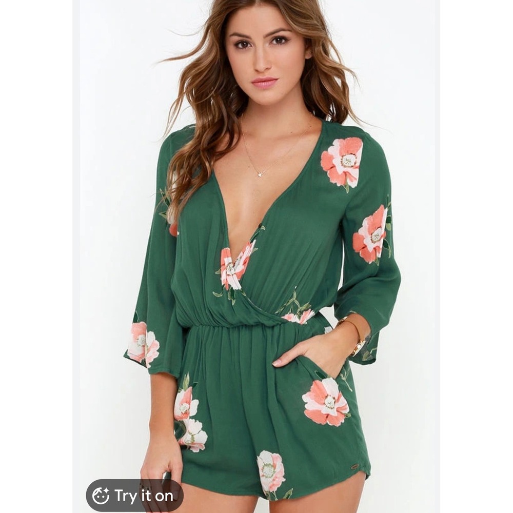 ONeill Indica Floral Print Romper Green Peach Bell Sleeve Surplice XS